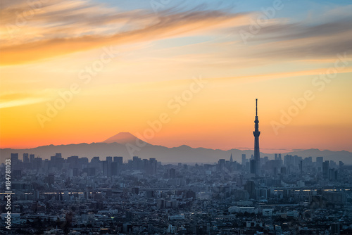 Beautiful Tokyo sunset cityscape , Tokyo Skytree landmark and Mountian Fuji in winter sunset