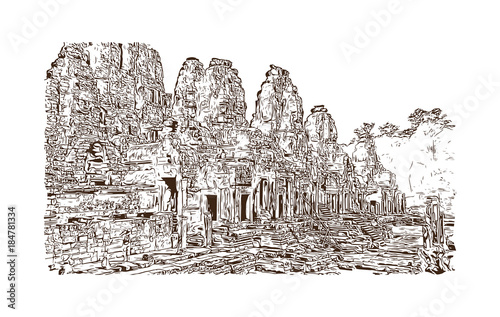 Angkor Wat Temple, Cambodia. Hand drawn sketch illustration in vector.