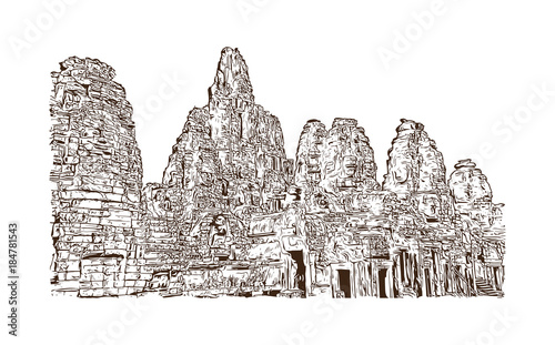 Angkor Wat Temple, Cambodia. Hand drawn sketch illustration in vector.