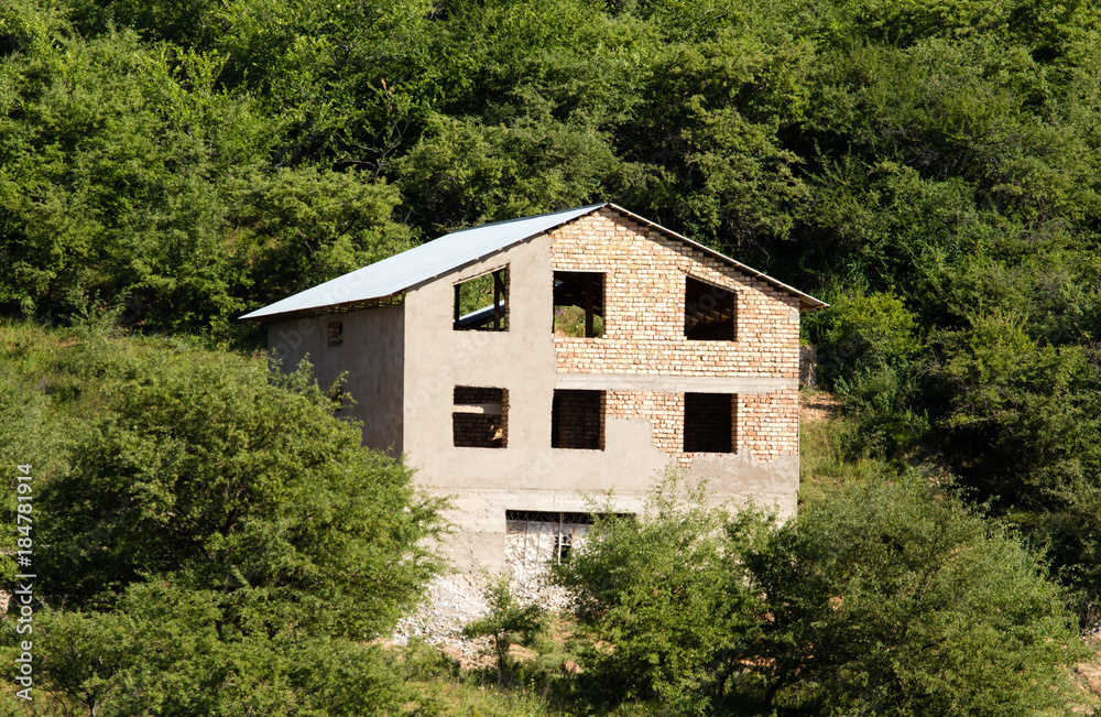 Unfinished house on a mountainside with trees Unfinished house on a mountainside with trees