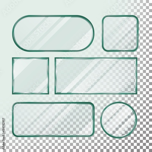 Transparent Glass Button Vector. Set Square, Round, Rectangular Shape. Realistic Plates. Isolated On Transparency Background Illustration