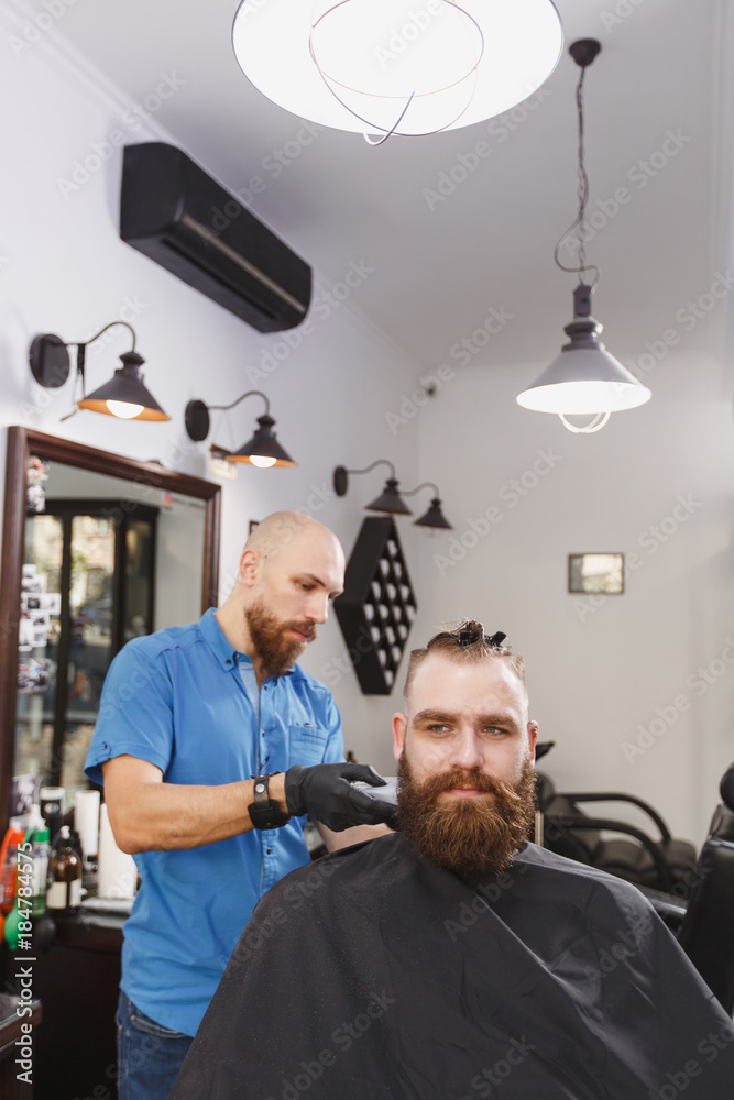 Male professional hairdresser serving client by clipper. Ginger handsome brutal stylish young man with thick big beard and short hair getting trendy haircut in black cape. Light white barber shop room