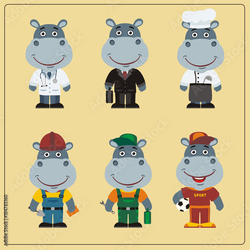 Set of hippo in different costumes: builder, sportsman, worker, a doctor, manager, cook. Collection of hippopotamus in clothes in cartoon style.