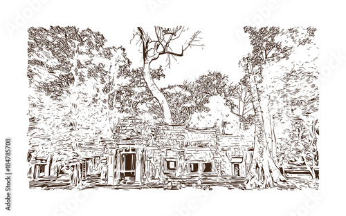 Angkor Wat Temple, Cambodia. Hand drawn sketch illustration in vector.