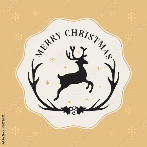 Reindeer christmas wreath with text, “Merry Christmas”. Stylish seasonal greeting cardor gift tag. Cute xmas concept badge. Vector illustration. Background with snowflakes.