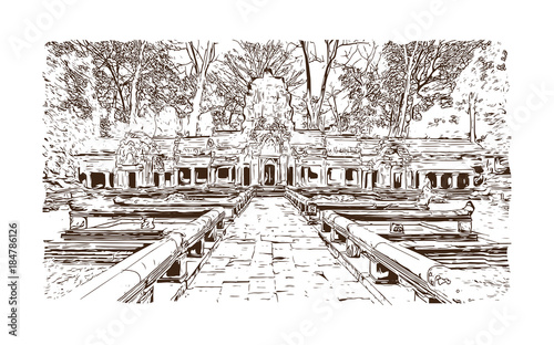 Angkor Wat Temple, Cambodia. Hand drawn sketch illustration in vector.