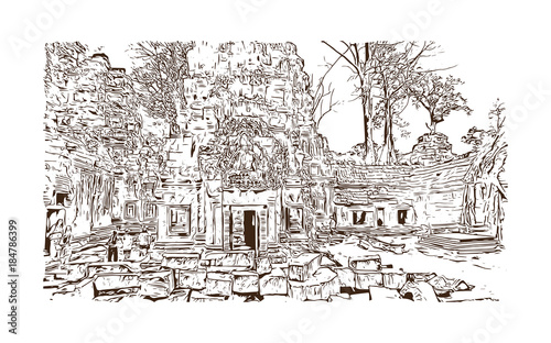 Angkor Wat Temple, Cambodia. Hand drawn sketch illustration in vector.