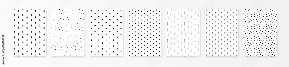 Christmas pattern set. Vector Background for print A4 format. Back holiday silhouette elements isolated on white. Simple minimalist style, scandinavian design for interior, post card, wrapping paper