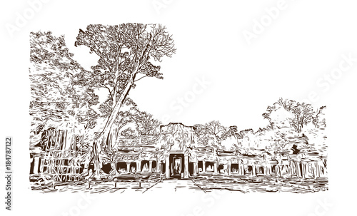 Angkor Wat Temple, Cambodia. Hand drawn sketch illustration in vector.