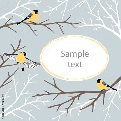 Card with birds on tree twigs. Pastel color gamut, winter narural decor. Vector illustration.