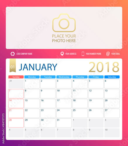 JANUARY 2018, illustration vector calendar or desk planner, weeks start on Sunday