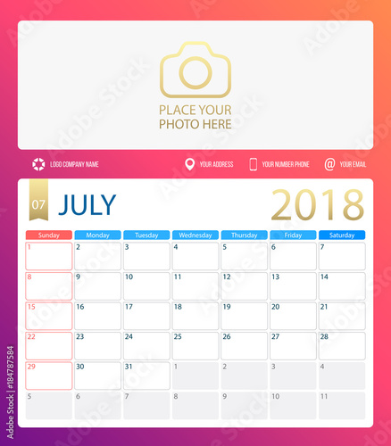 JULY 2018, illustration vector calendar or desk planner, weeks start on Sunday