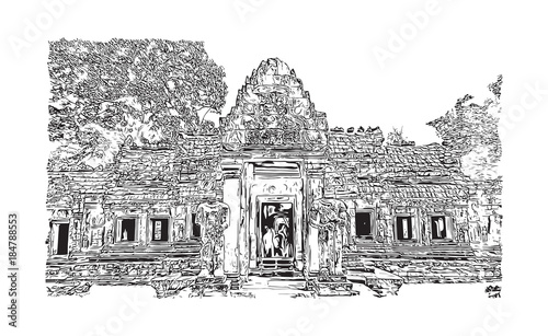 Angkor Wat Temple, Cambodia. Hand drawn sketch illustration in vector.