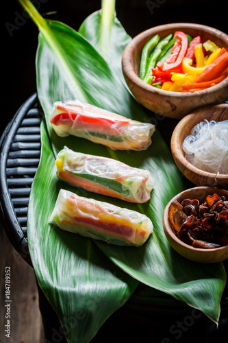 Closeup of raw spring rolls with indiegrends photo