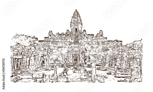 Angkor Wat Temple, Cambodia. Hand drawn sketch illustration in vector.