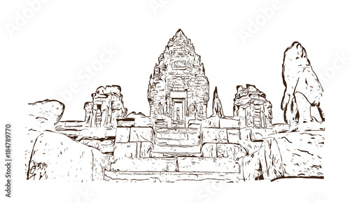 Angkor Wat Temple, Cambodia. Hand drawn sketch illustration in vector.