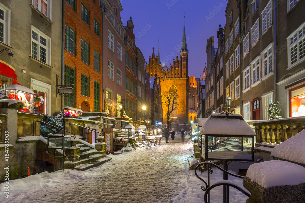 Beautiful Mariacka street in Gdansk at snowy winter, Poland