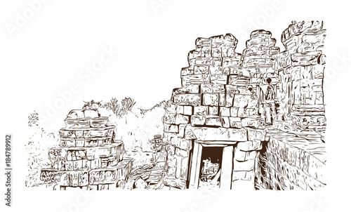 Angkor Wat Temple, Cambodia. Hand drawn sketch illustration in vector.
