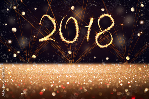 New Year text 2018, fireworks, stars sky, glittered floor, abstract background