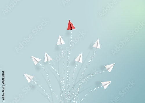 Paper airplanes flying on blue sky and cloud.Paper art style of business teamwork creative concept idea.Vector illustration
