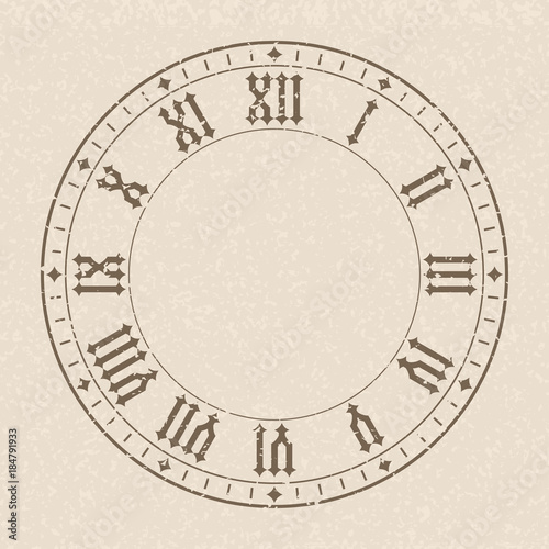 Vintage clockface with roman numerals on beige background