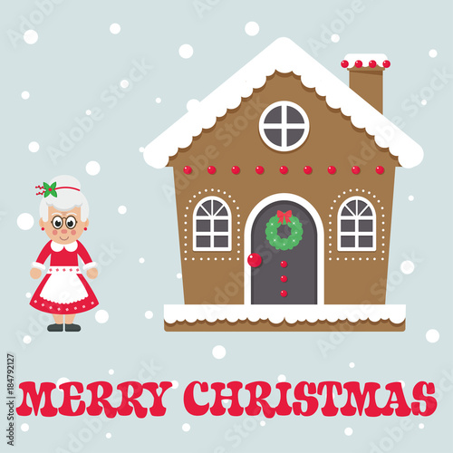christmas cute house with cartoon mrs claus and text