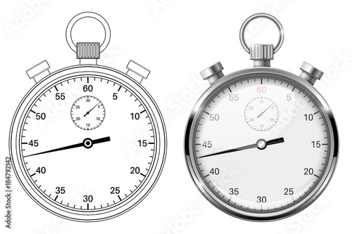 Stop watch. Flat drawing and 3d vector illustration isolated on white background