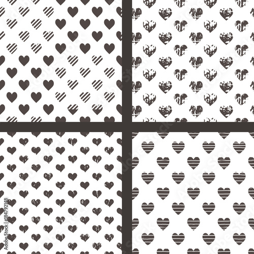 4 grunge monochrome seamless patterns with hearts