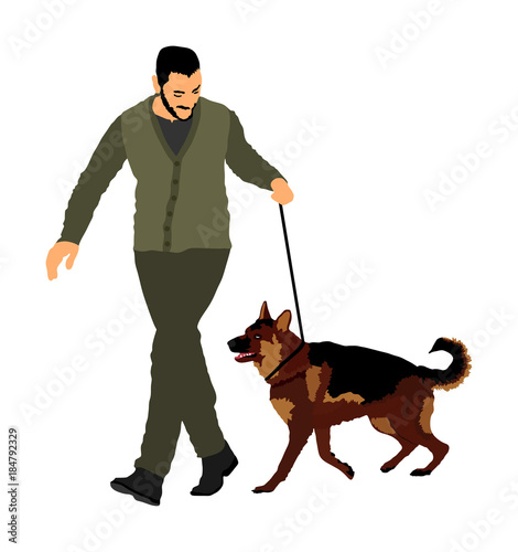 Owner keeps the dog on the leash. German Shepherd running, champion dog vector illustration isolated. Dog show exhibition. Finder detects explosives and drugs. Rescue activity dog for finding survive.