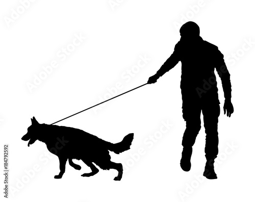 Owner keeps the dog on the leash. German Shepherd running, champion dog vector silhouette illustration. Dog show exhibition. Finder detect explosives and drugs. Rescue activity dog for finding survive