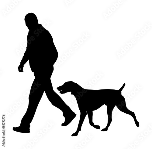 Owner man walking with hunting dog champion on the stage vector silhouette illustration isolated. Dog show exhibition. 
