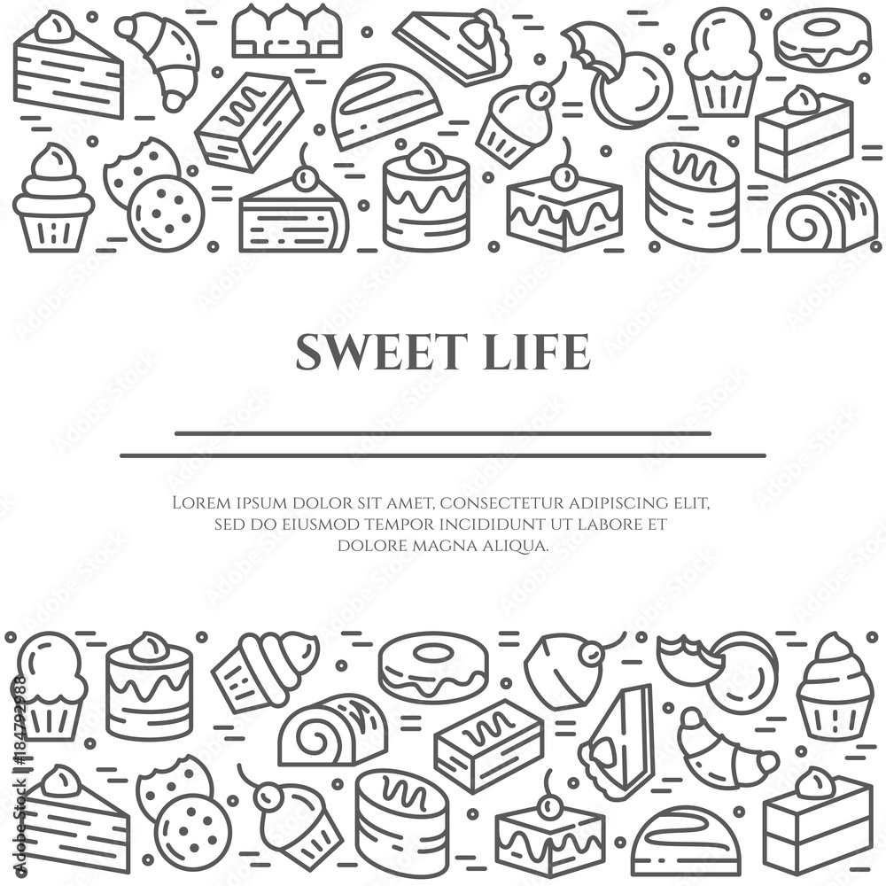 Cakes and cookies theme horizontal banner. Pictograms of pie, brownie, biscuit, tiramisu, roll and other dessert related elements Line out symbols Simple silhouette Editable stroke Cakes and cookies theme horizontal banner. Pictograms of pie, brownie, biscuit, tiramisu, roll and other dessert related elements Line out symbols Simple silhouette Editable stroke