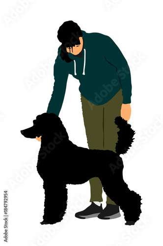 Owner girl keeps the Royal French Poodle dog champion on the stage vector illustration isolated. Dog show exhibition. 