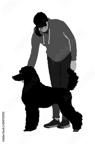 Owner girl keeps the Royal French Poodle dog champion on the stage vector silhouette illustration isolated. Dog show exhibition. 