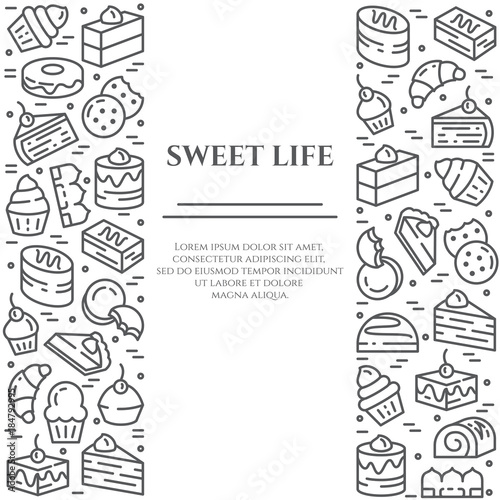 Cakes and cookies theme horizontal banner. Pictograms of pie, brownie, biscuit, tiramisu, roll and other dessert related elements Line out symbols Simple silhouette Editable stroke