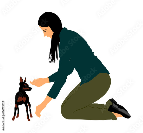 Owner woman trainer keeps miniature Pincher dog. Girl dresser with Manchester terrier champion dog on the stage vector illustration isolated. Dog show exhibition. Small pincher.