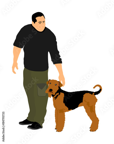 Owner man keeps the Airedale Terrier dog champion on the stage vector illustration isolated. Dog show exhibition. 