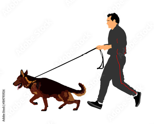 Owner keeps the dog on the leash. German Shepherd running, champion dog vector illustration isolated. Dog show exhibition. Finder detects explosives and drugs. Rescue activity dog for finding survive.