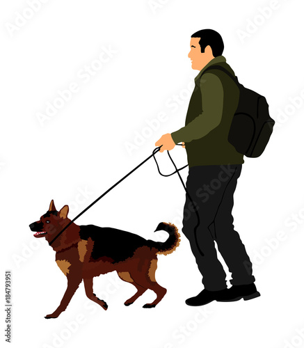 Owner keeps the dog on the leash. German Shepherd running, champion dog vector illustration isolated. Dog show exhibition. Finder detects explosives and drugs. Rescue activity dog for finding survive.