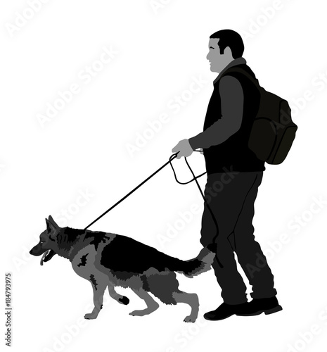 Owner keeps the dog on the leash. German Shepherd running, champion dog vector illustration isolated. Dog show exhibition. Finder detects explosives and drugs. Rescue activity dog for finding survive.