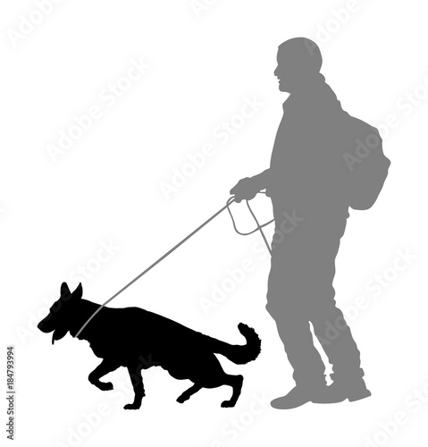 Owner keeps the dog on the leash. German Shepherd running, champion dog vector silhouette illustration. Dog show exhibition. Finder detect explosives and drugs. Rescue activity dog for finding survive