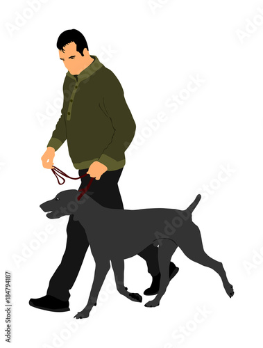 Owner man keeps on the leash hunting dog champion on the stage vector illustration isolated. Dog show exhibition. 