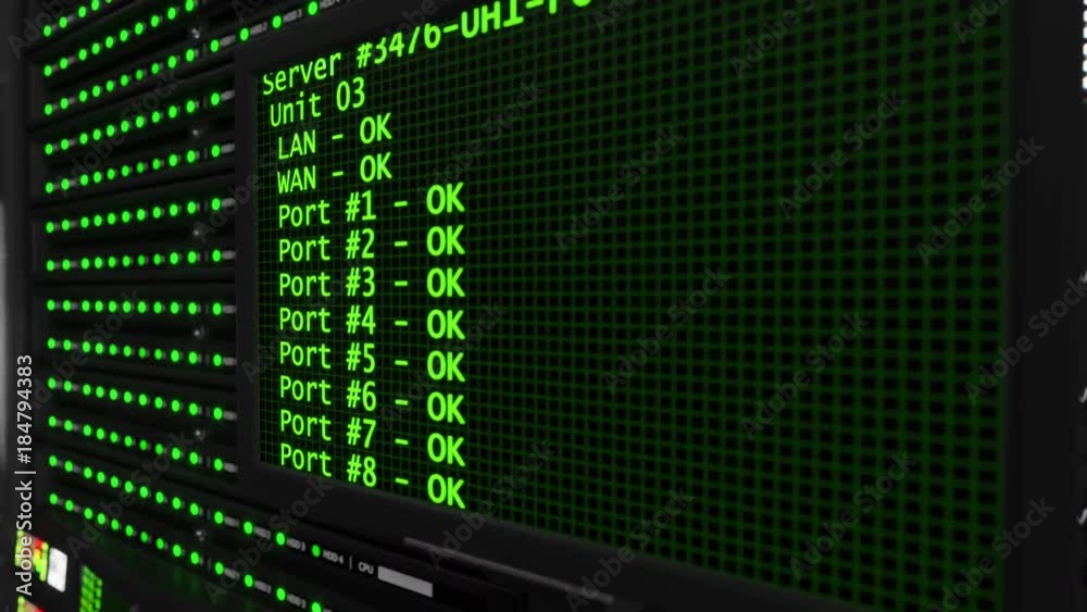 Modern working server room with rack servers. Cloud computing in datacenter, information storage, normal operation of computer equipment with flashing green light indicators. Seamless loopable element