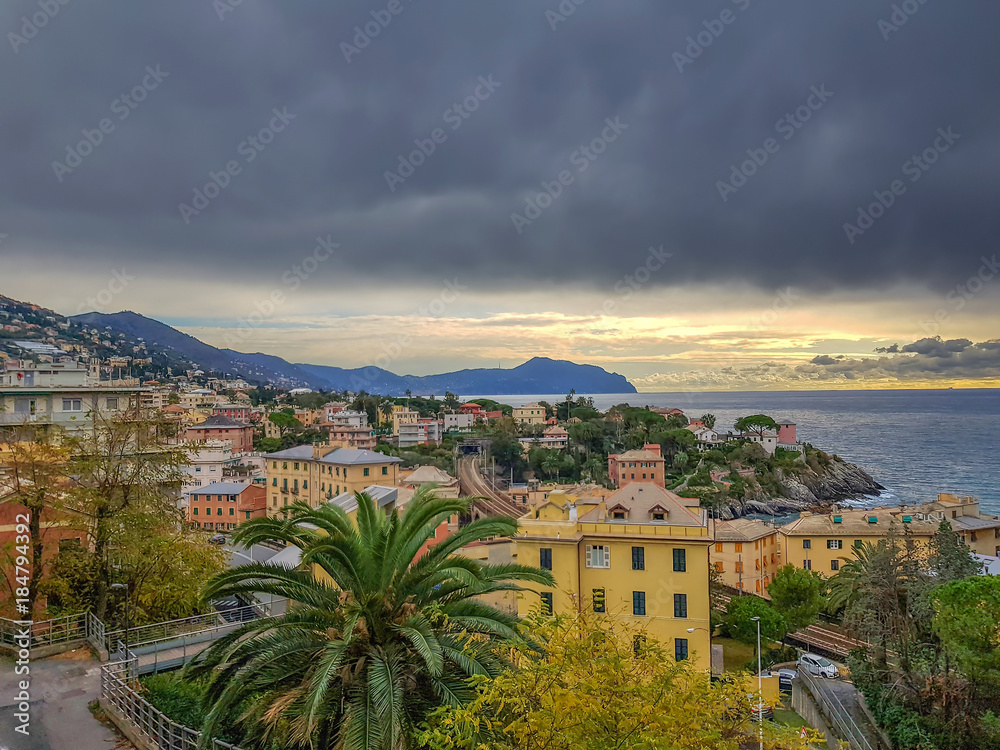 Beautiful landscapes city, villages, with the sea view and mountain in the day with dark clouds and storm clouds in nature background.