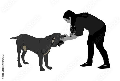 Owner woman keeps English Mastiff dog champion on the stage vector illustration isolated. Dog show exhibition. Neopolitan Mastiff. Bull Mastiff shape.