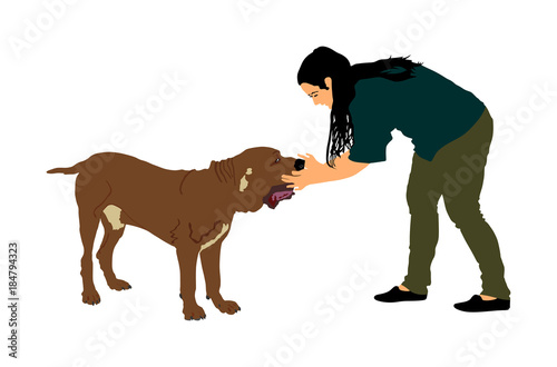 Owner woman keeps English Mastiff dog champion on the stage vector illustration isolated. Dog show exhibition. Neopolitan Mastiff. Bull Mastiff shape.