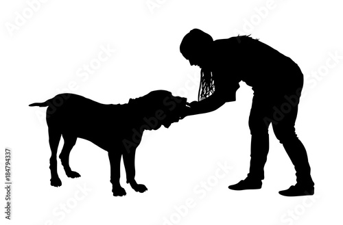 Owner woman keeps English Mastiff dog champion on the stage vector silhouette illustration isolated. Dog show exhibition. Neopolitan Mastiff. Bull Mastiff shape.