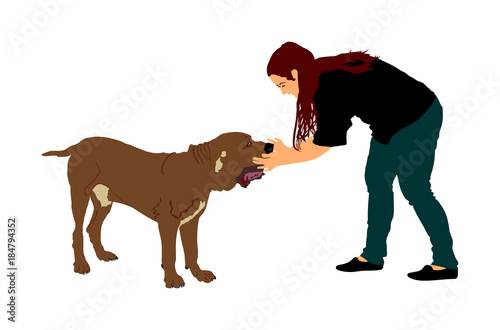 Owner woman keeps English Mastiff dog champion on the stage vector illustration isolated. Dog show exhibition. Neopolitan Mastiff. Bull Mastiff shape.