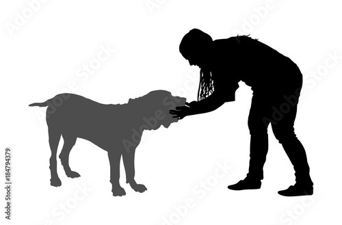 Owner woman keeps English Mastiff dog champion on the stage vector silhouette illustration isolated. Dog show exhibition. Neopolitan Mastiff. Bull Mastiff shape.