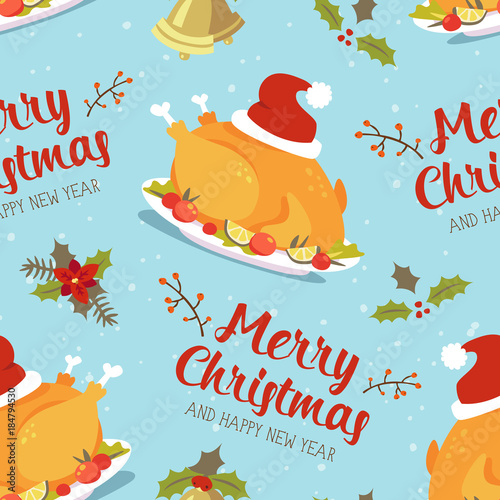 vector cartoon christmas turkey with santa hat blue seamless pattern